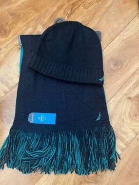 Nautica Black Knit Hat and Teal-Trim Scarf Set